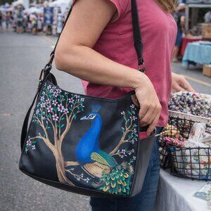 Hand-Painted Peacock Design Black Leather Bag